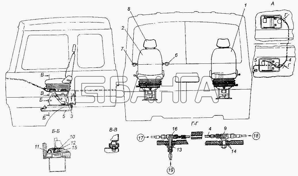 МАЗ МАЗ-54326 Схема Установка и пневмопитание сидений-150 banga.ua